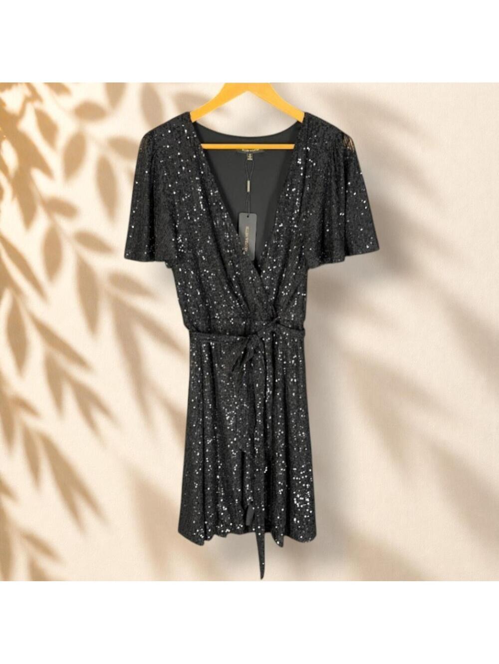 New Ellen Weaver Dress Women M Medium Black Sheath Short V-Neck Belted Sequin